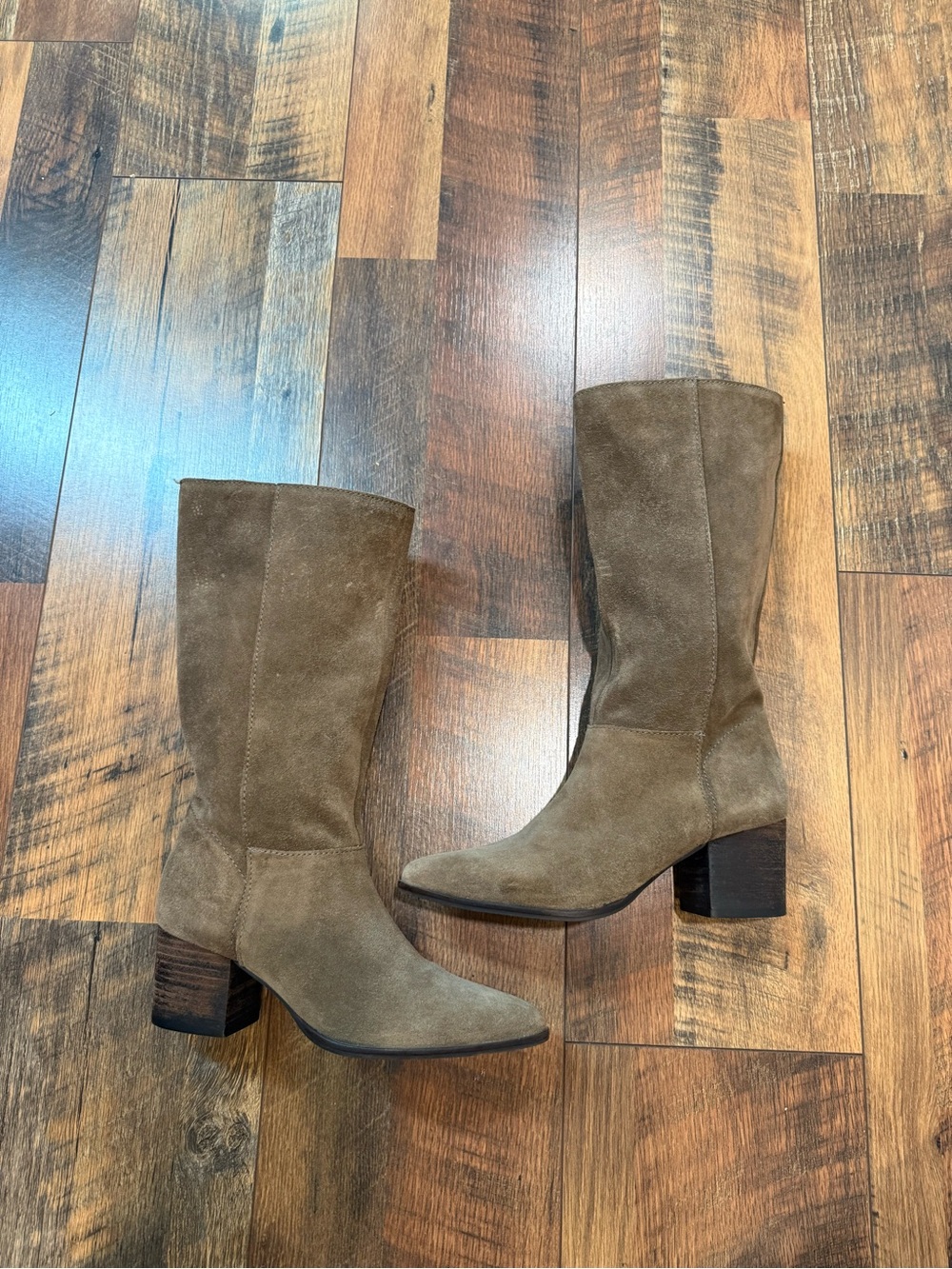 Lucky Brand Taupe Suede Mid-Calf Block Heel Boots